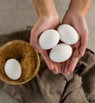 Manos de mujer sosteniendo tres huevos
